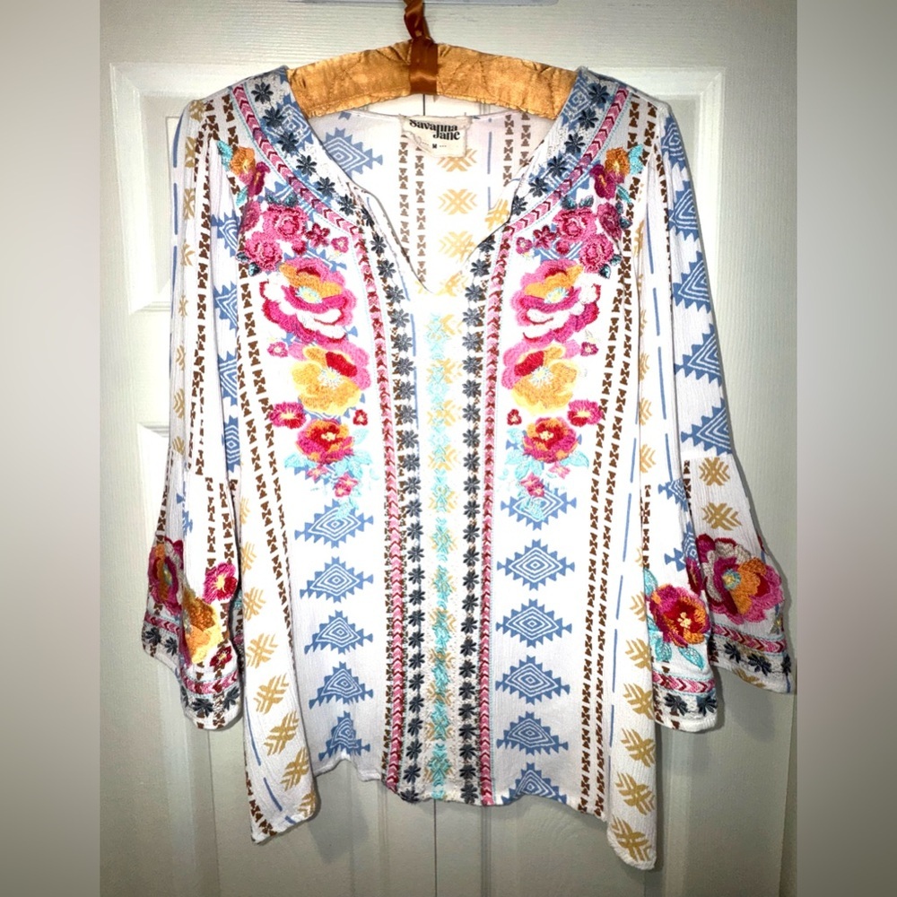 Savanna Jane Embroidered South Beach Boho Blouse – Size Medium